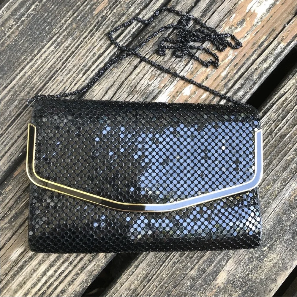 Black Metal Mesh Purse Envelope Clutch Bag Gold Accents Disco Vintage 70s 80s